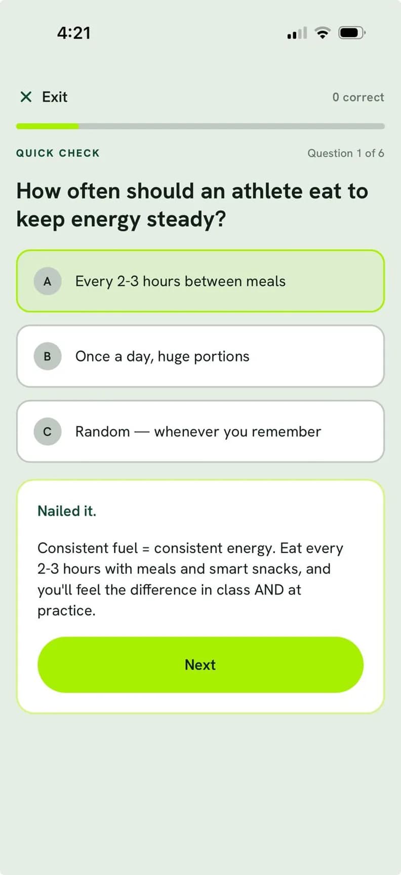 Question one of six: how often should an athlete eat to keep energy steady? The right answer, every two to three hours, is marked, and underneath it the app explains that consistent fuel means consistent energy in class as well as at practice.