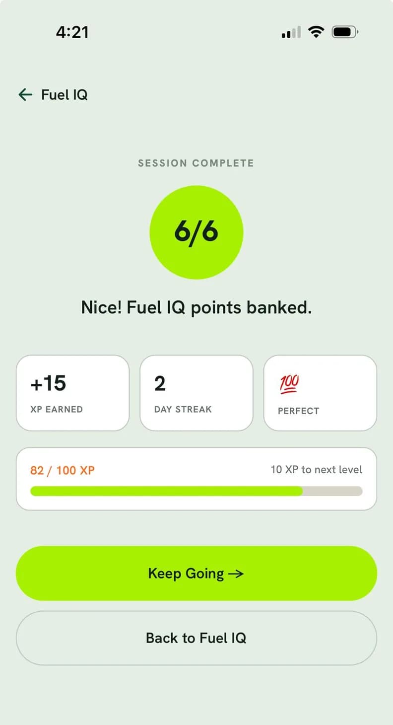 Session complete, six out of six. Fifteen XP earned and a two day streak, with eighty-two of a hundred XP toward the next level.