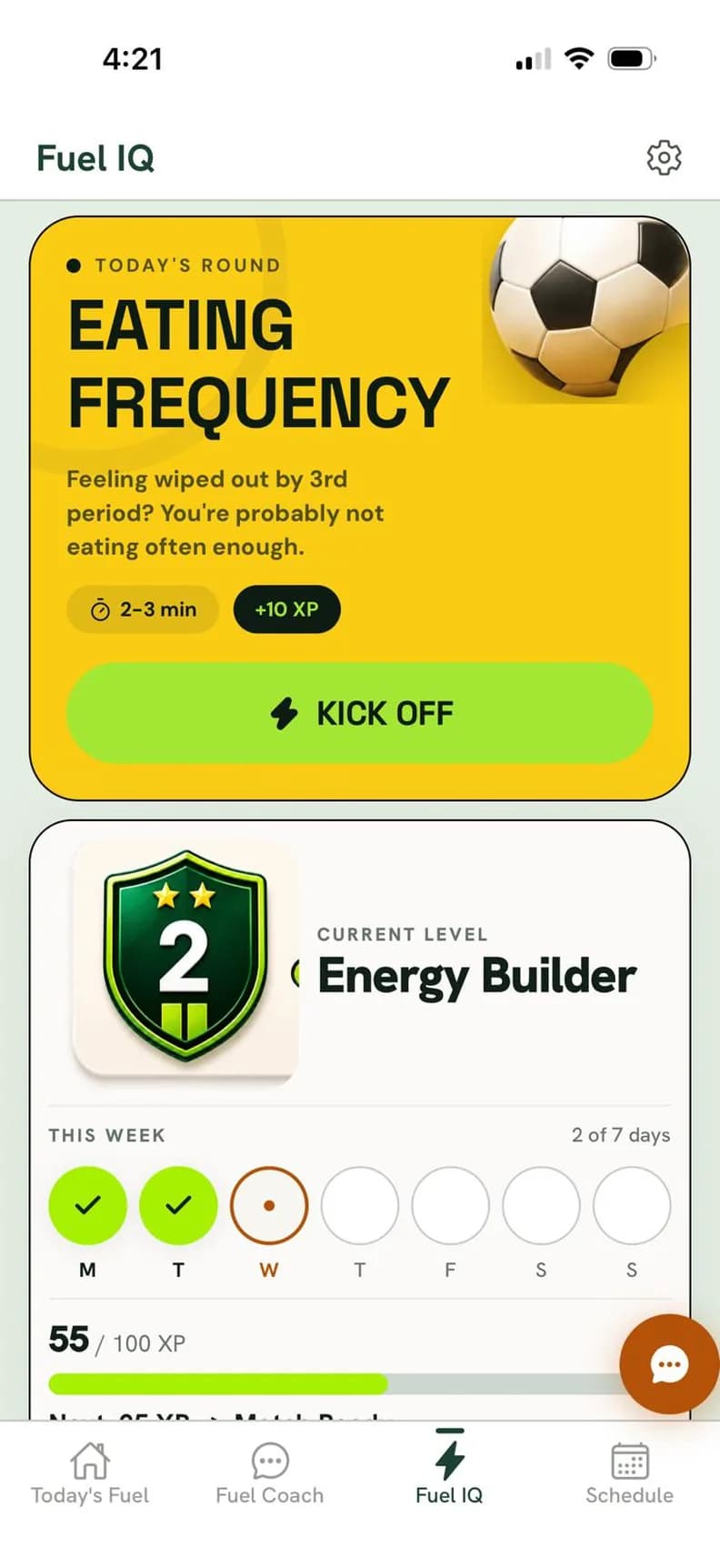 Today's round in the app: Eating Frequency, asking whether you feel wiped out by third period, worth ten XP and two to three minutes. Below it, level two, Energy Builder, with two of seven days done this week.