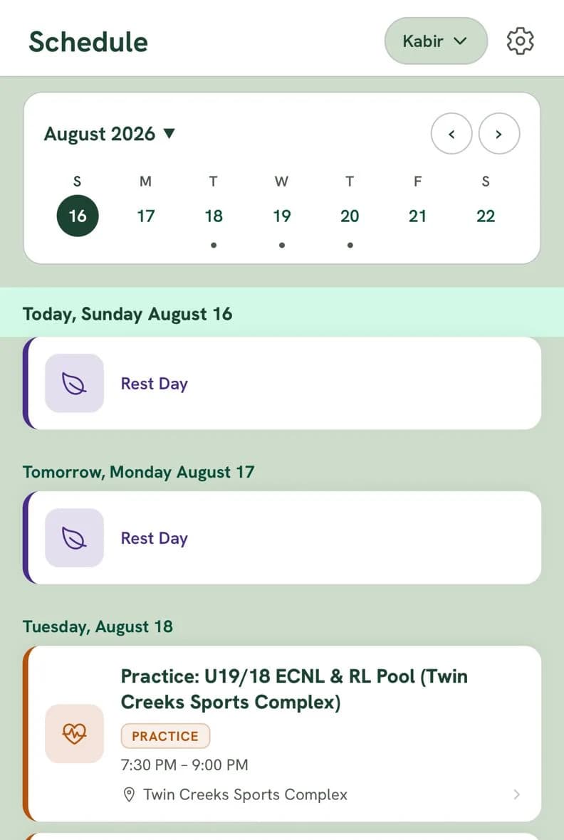 The Schedule screen: rest days, then Tuesday's practice at Twin Creeks with its time and location