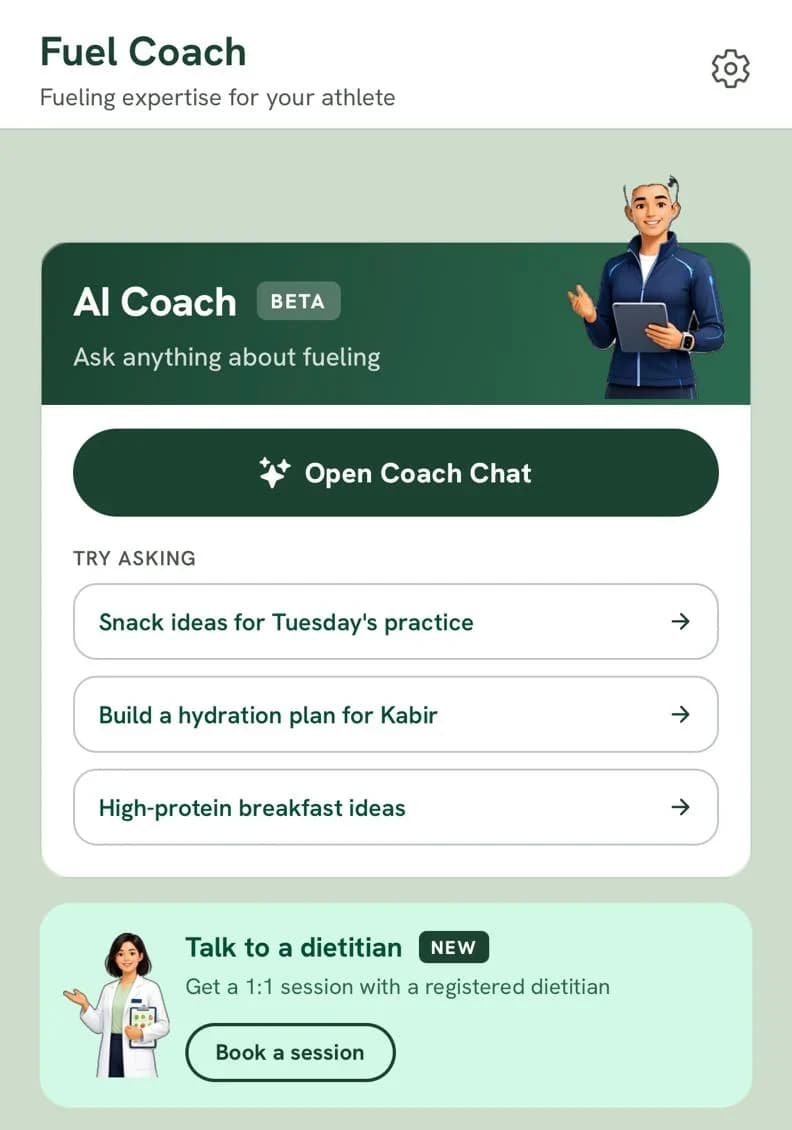 The Fuel Coach screen: an AI coach for everyday questions, and beneath it a card reading Talk to a dietitian — get a 1:1 session with a registered dietitian
