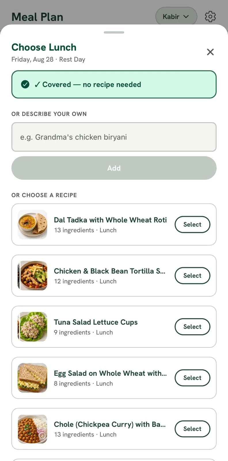 Filling one lunch window: a covered option, a box to describe your own dish, then the recipes to pick from