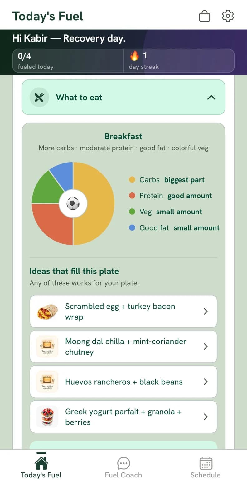 The athlete's own view of the day, showing what to eat and when without a parent prompting them